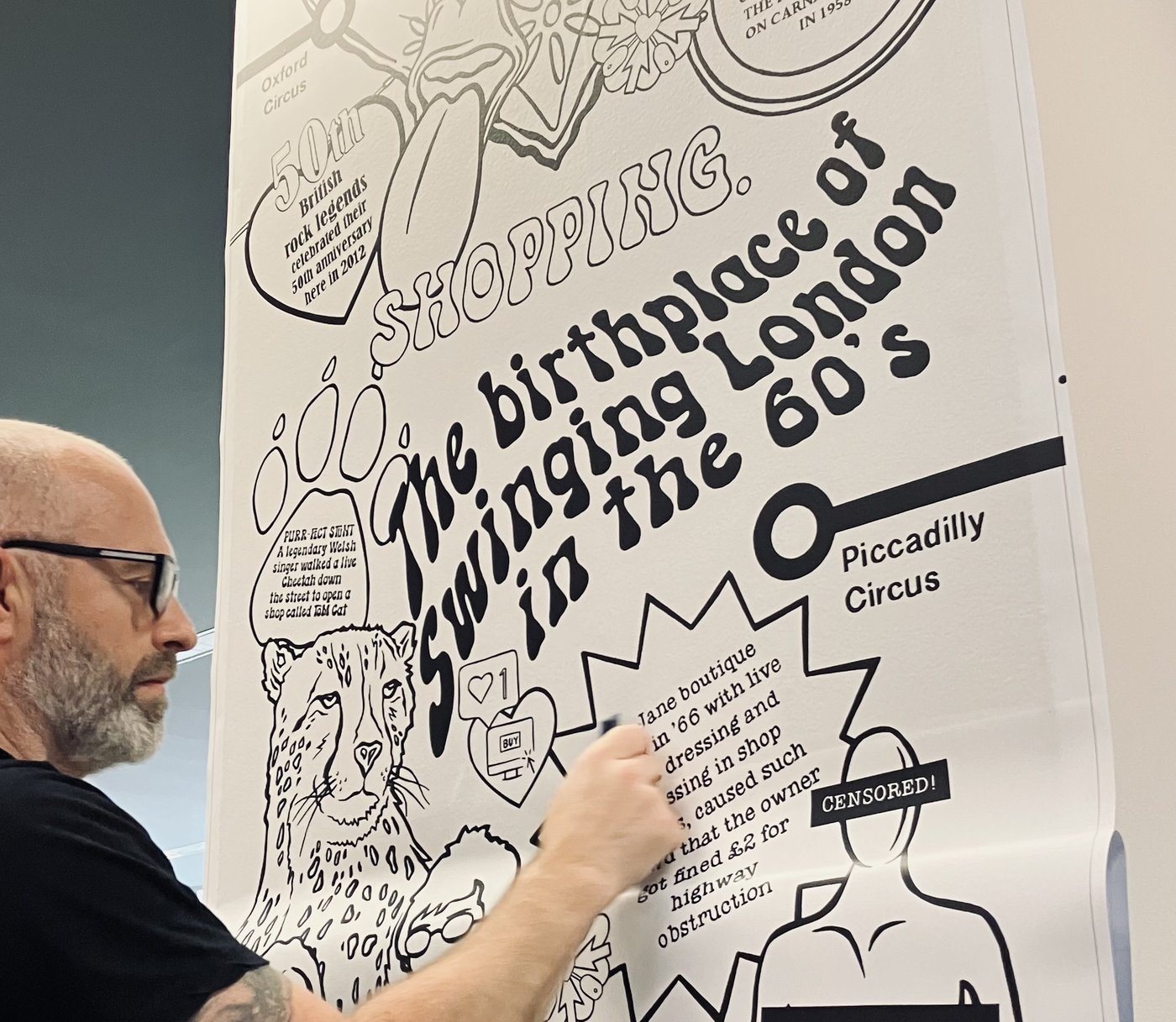 Chris Pitts installing a hand-illustrated Swinging London mural