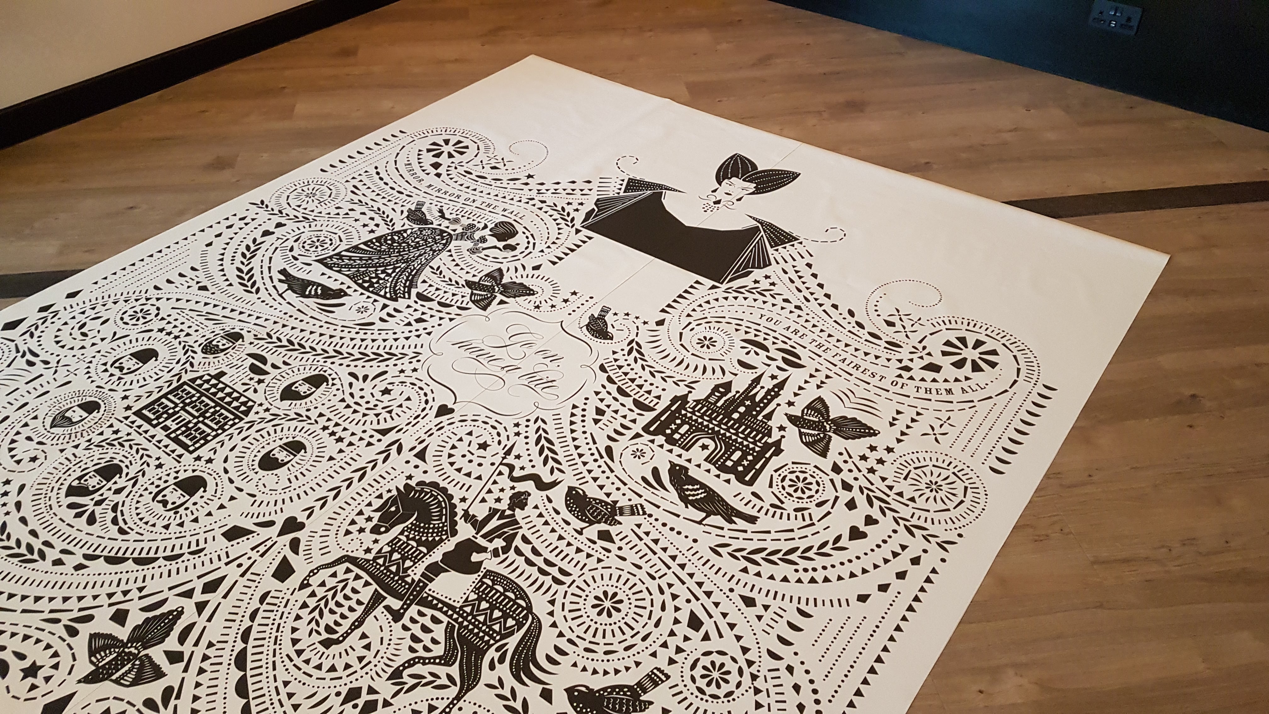 Printed mural wallpaper media close up