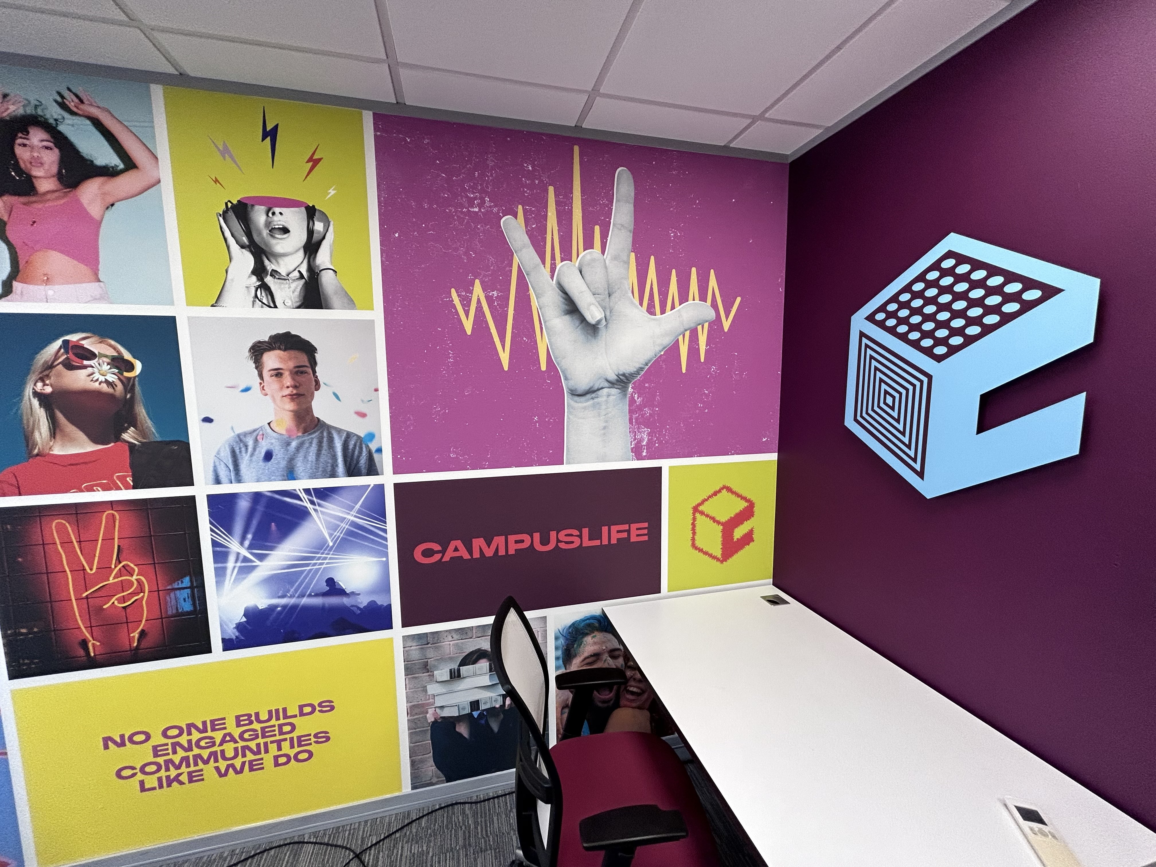 CampusLife brand collage wall mural in office