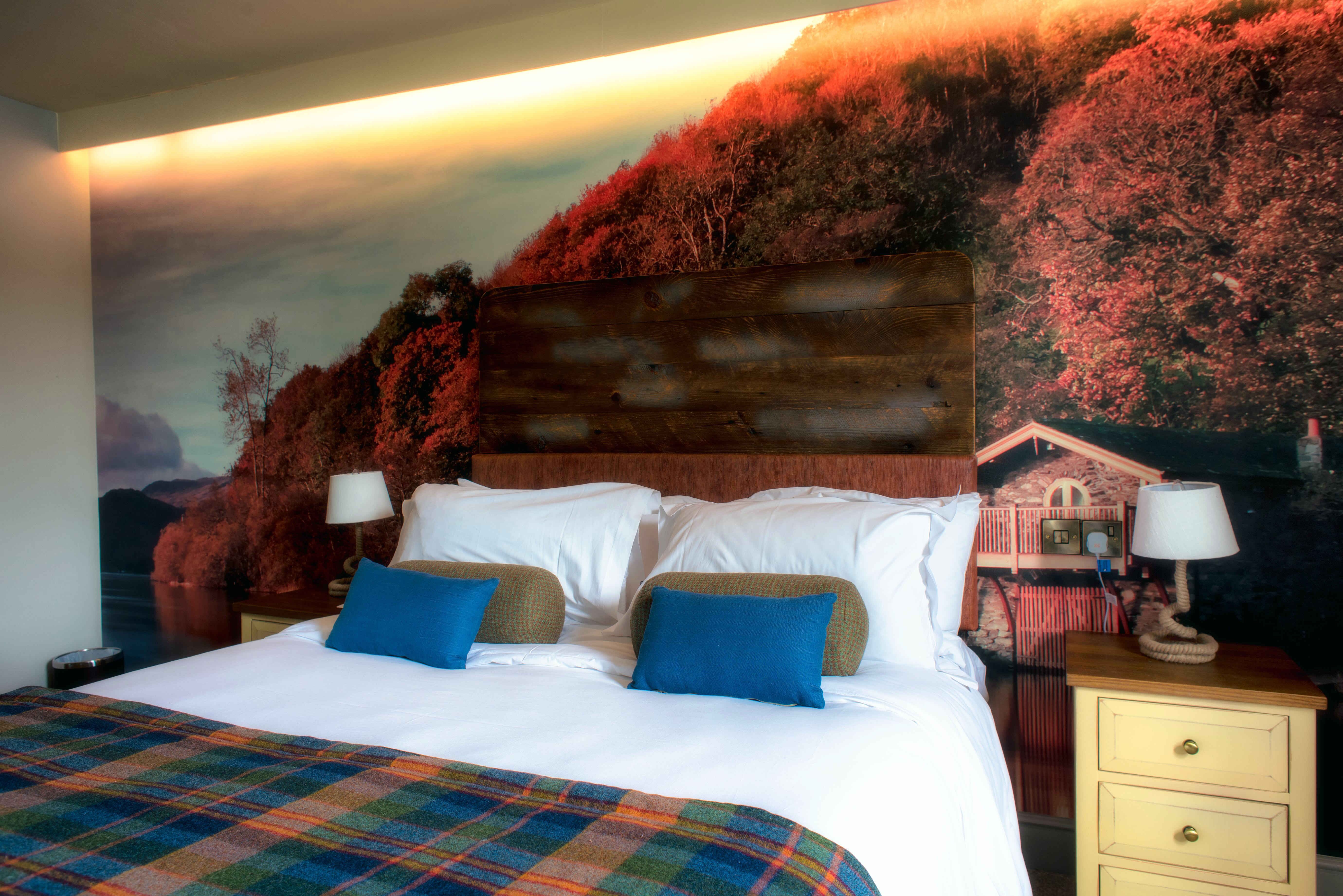 Autumn lake and boathouse hotel bedroom mural